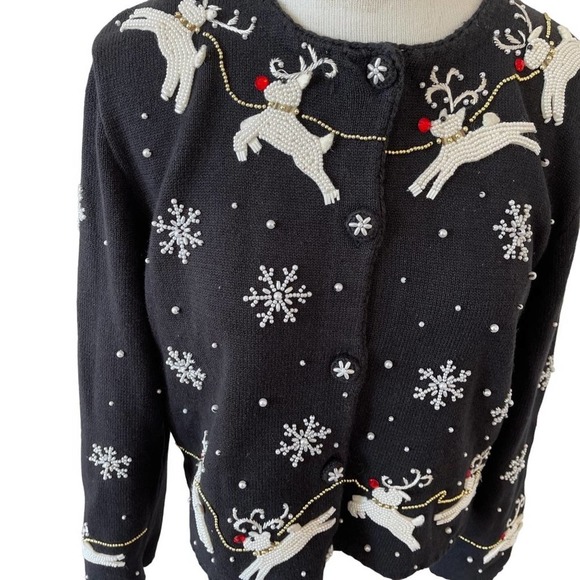 Michael Simon Cardigan Christmas Sweater Art Santa Claus Beaded Reindeer Large - Picture 3 of 16